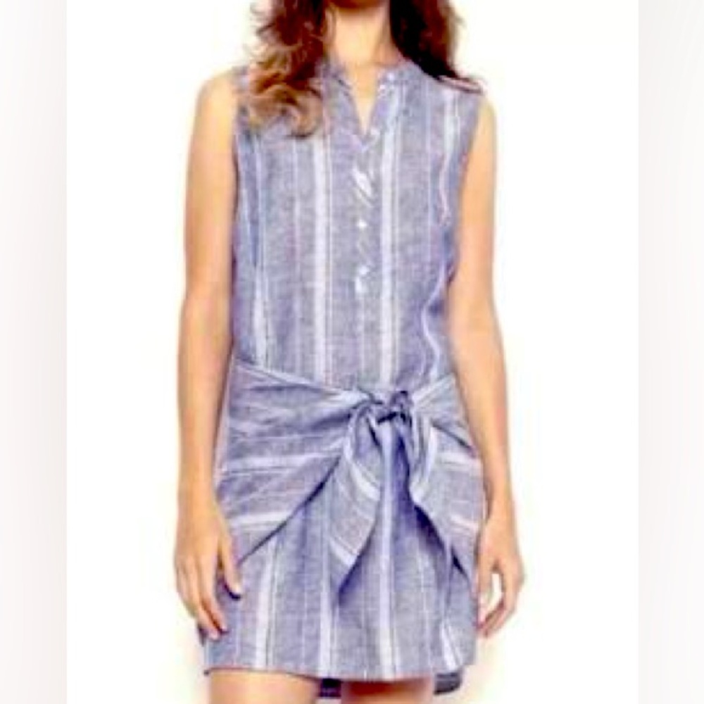 DREW Blue and White Striped Linen Blend Sidetie Dress